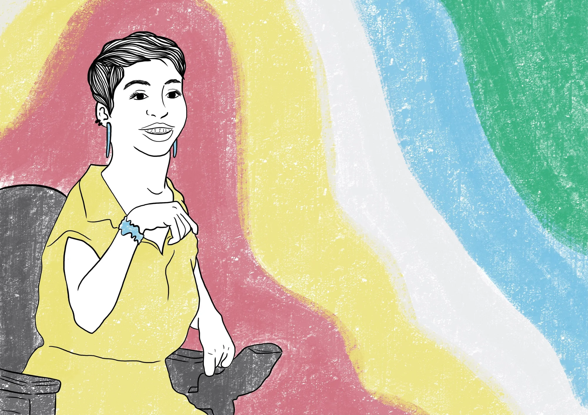 Portrait of Disabled Actress and Activist Jillian Mercado with background of Disability Pride Flag in crayon textured colors. Jillian Mercado wears a yellow dress and a blue bracelet. The colors of the Disability Pride Flag adorn the background, with green, blue, white, yellow, and red at the center.