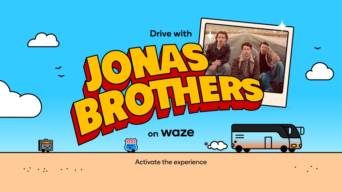 Jonas Brothers appears in large yellow text with a polaroid picture of the three brothers saying “Exit Right. Let’s never forget this moment” and a tour bus.