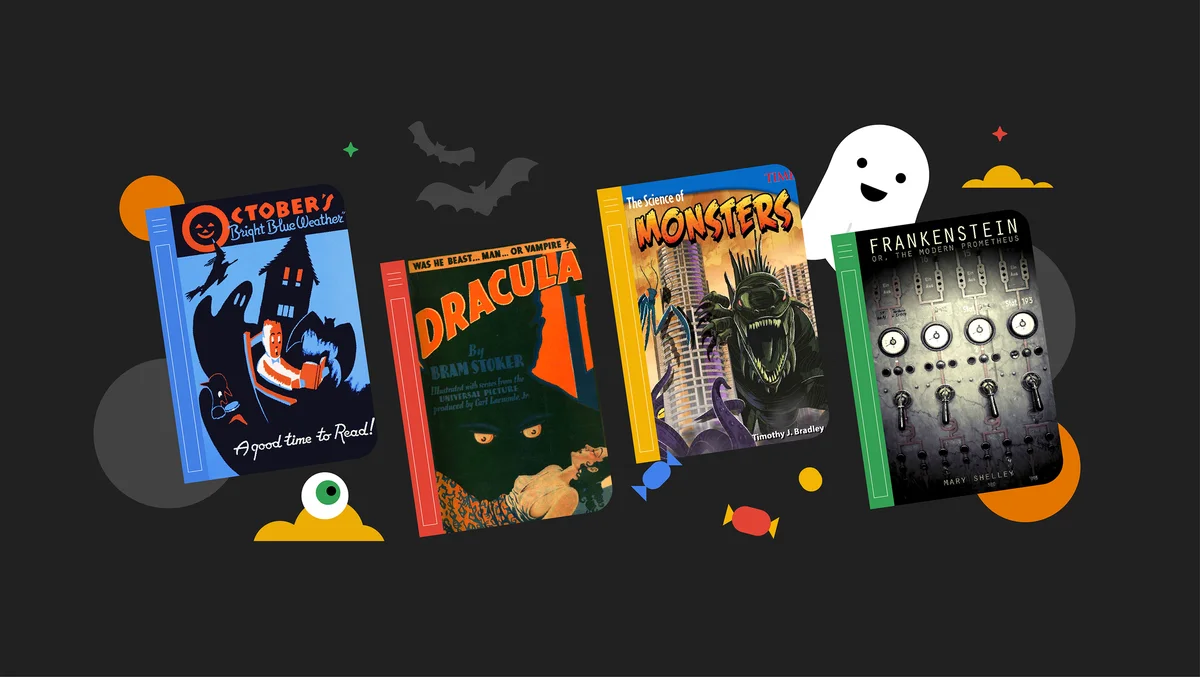 Illustration of four Halloween book covers in front of a black background decorated with a ghost and an eyeball