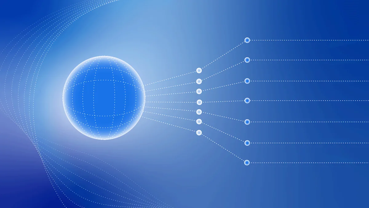 Blue orb graphic with lines and nodes