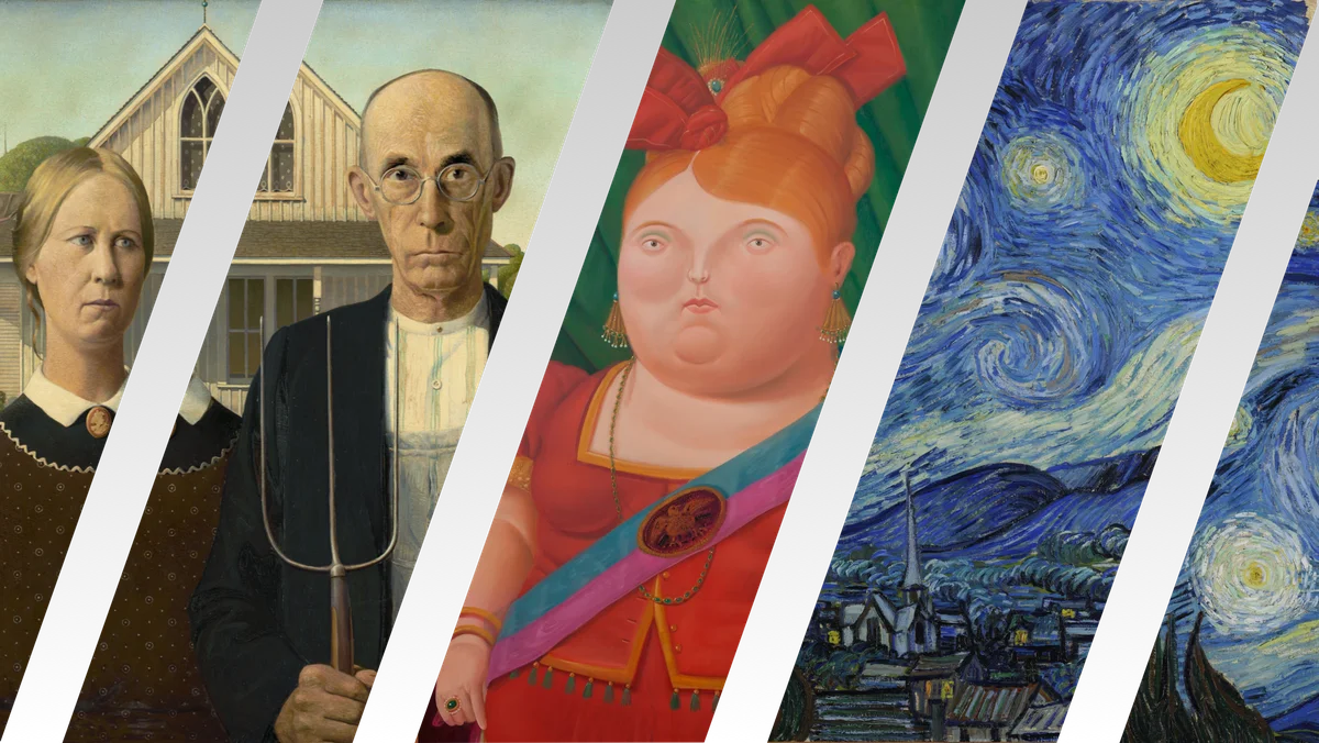 Banner featuring 3 iconic paintings: Grant Wood’s American Gothic, Botero’s La primera dama, and Van Gogh’s Starry Night