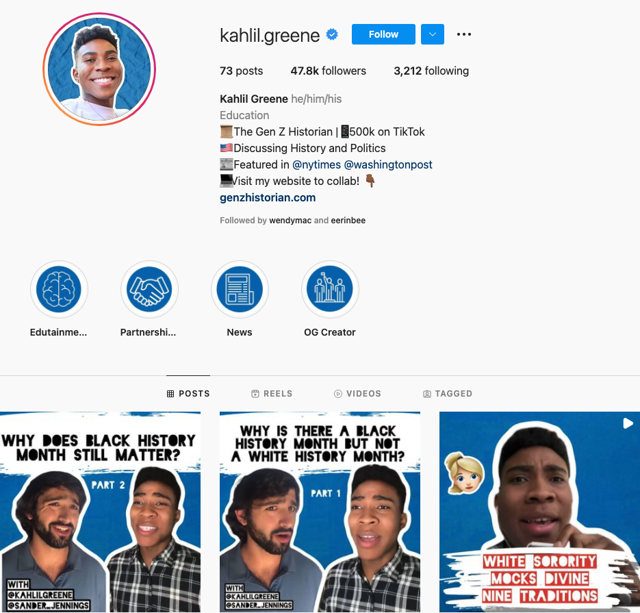 Kahlil’s Instagram profile features his image superimposed over posts addressing current events.