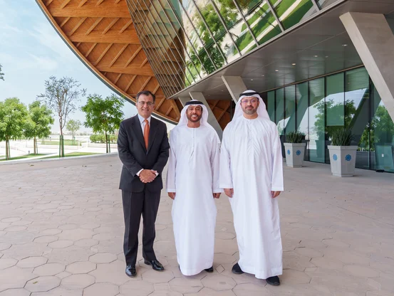 Karan Bhatia, Global VP of Public Policy and Government Relations at Google, Sultan Al Hajji, MBZUAI Vice President of Public Affairs and Alumni Relations and H.E. Mohamed Karmastaji, the Executive Director of the Intelligent Transportation