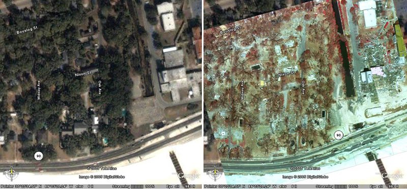 Google Earth-Bilder der Küste von Mississippi bei Gulfport vor und nach dem Wirbelsturm Katrina.