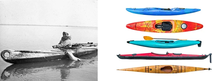 A photograph with an archival image of a man in a kayak on the left, then on the right a picture of contemporary types of kayaks in various, bright colors.