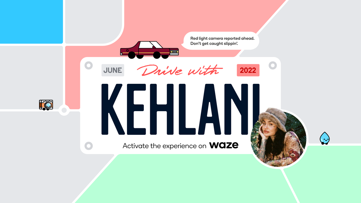 An illustration of the Kehlani driving experience with a Kehlani-branded license plate with the text Drive with Kehlani
