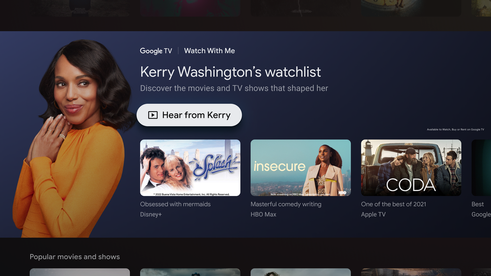 Google TV showing the Watch With Me page with Kerry Washington’s watchlist.