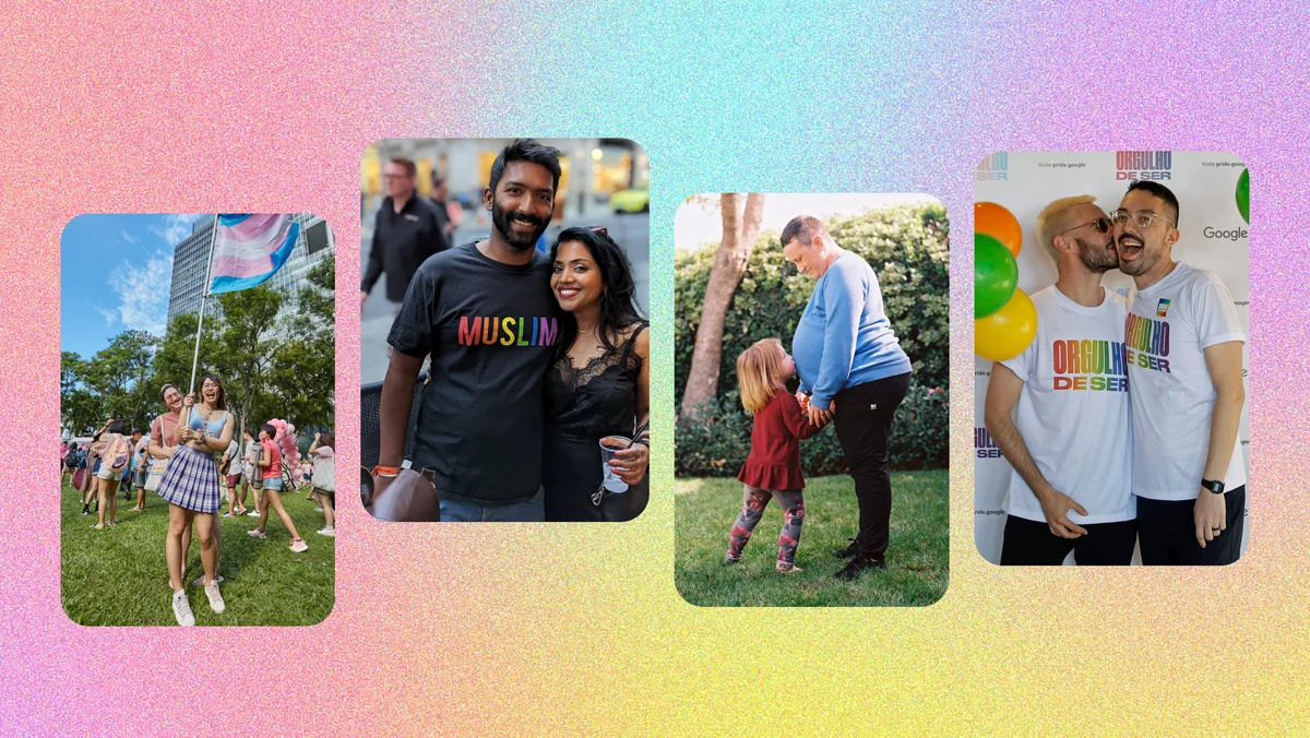 Rainbow gradient background with 4 pictures of Googlers and their loved ones