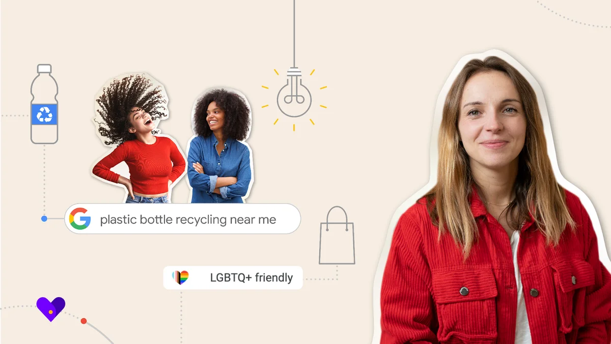 photos of three women alongside drawings of a recyclable bottle, a lightbulb, and a shopping bag, and accompanied by text boxes reading "LGBTQ+ friendly" and "plastic bottle recycling near me"