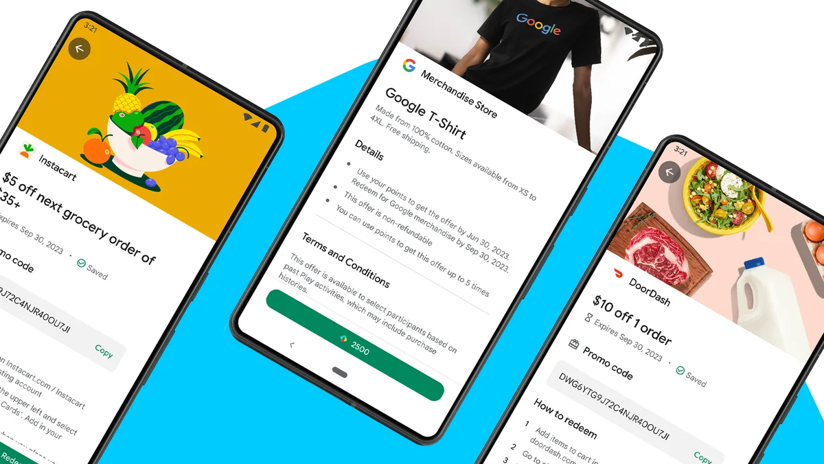 Three cell phones displaying Google Play Points offers for DoorDash, Instacart and Google merchandise.