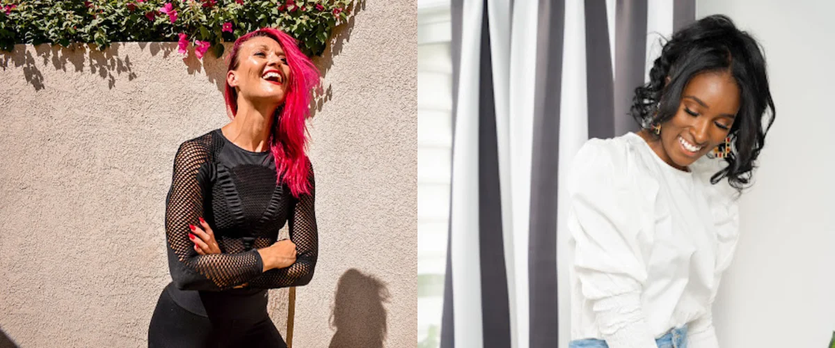 Two photos of Rae Allen and Monique Elise. Rae has pink hair and smiles in a black workout outfit with fishnet sleeves. Monique has her hair up and smiles in a white blouse and jeans.