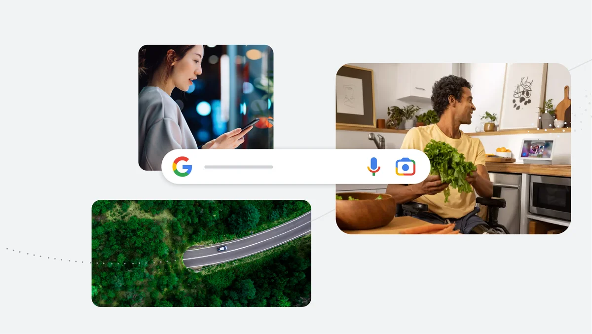 The Google Search bar with three photos: one of a car driving on an open road, one of a woman using her cell phone and another of a man using a Nest Hub Max.