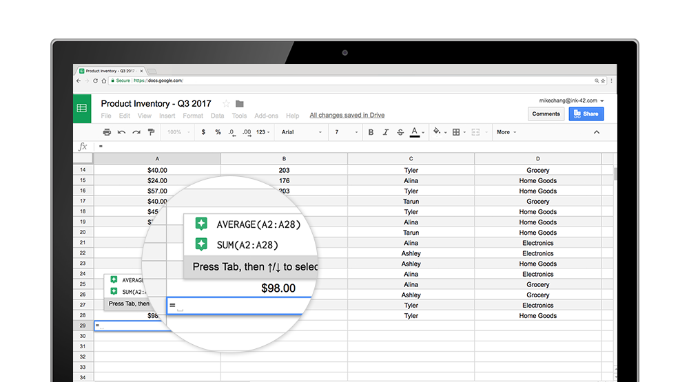 Formula suggestions in Sheets