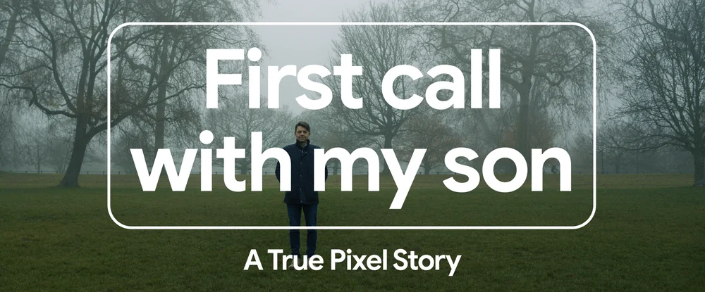 Image shows man standing wearing a jacket in a field surrounded by leafless trees with fog with the text "first call with my son a true pixel story"