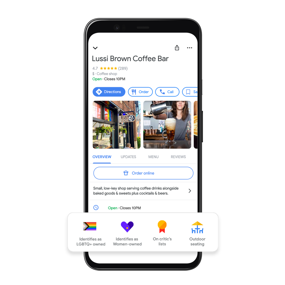 A screenshot of Lussi Brown Coffee Bar on Google Maps, showcasing the business identifies as LGBTQ+ owned and women-owned, is on critic’s lists, and has outdoor seating