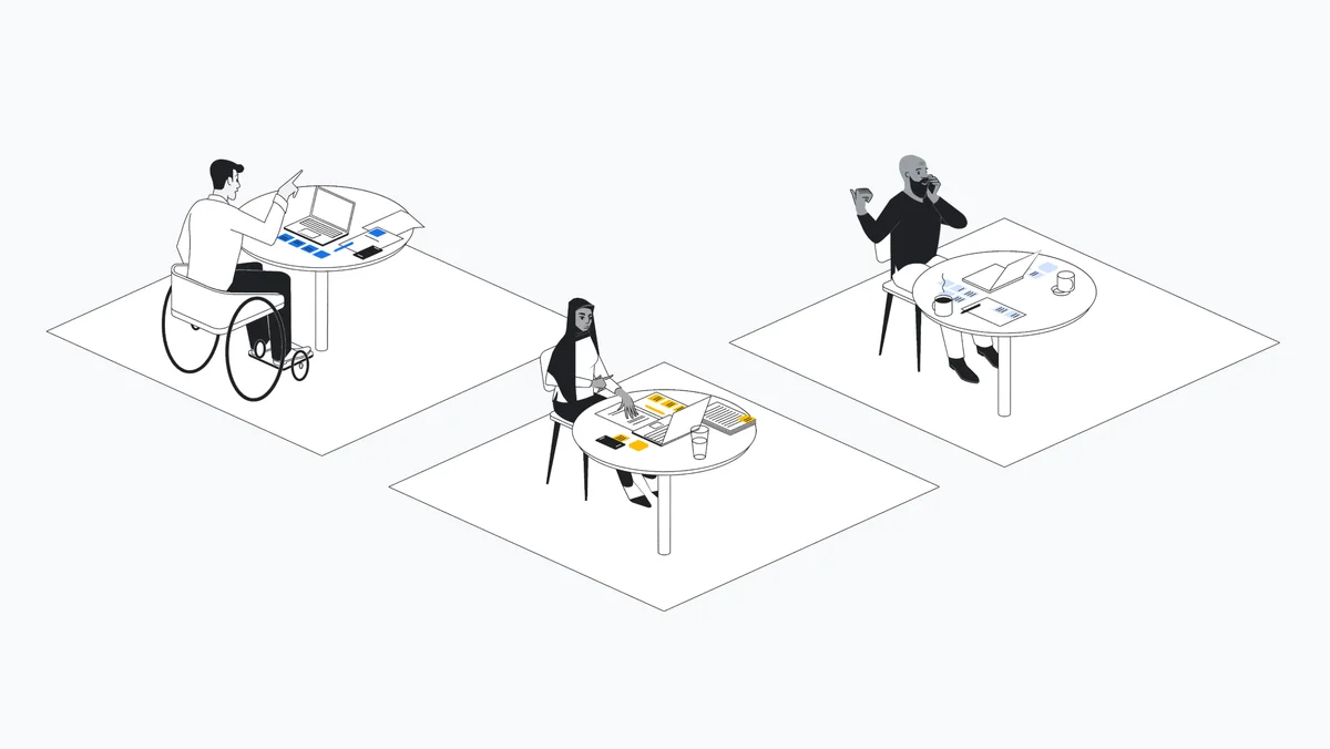 This is an animated image showing people working at tables.