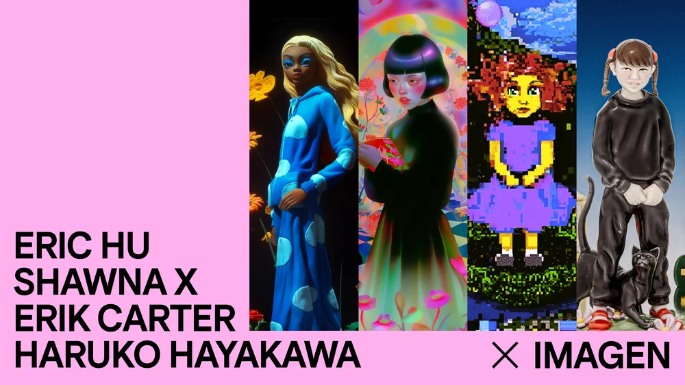 a title card saying "Eric Hu," "Shawna X," "Erik Carter" and "Haruko Hayakawa" and "x Imagen" with four animated characters