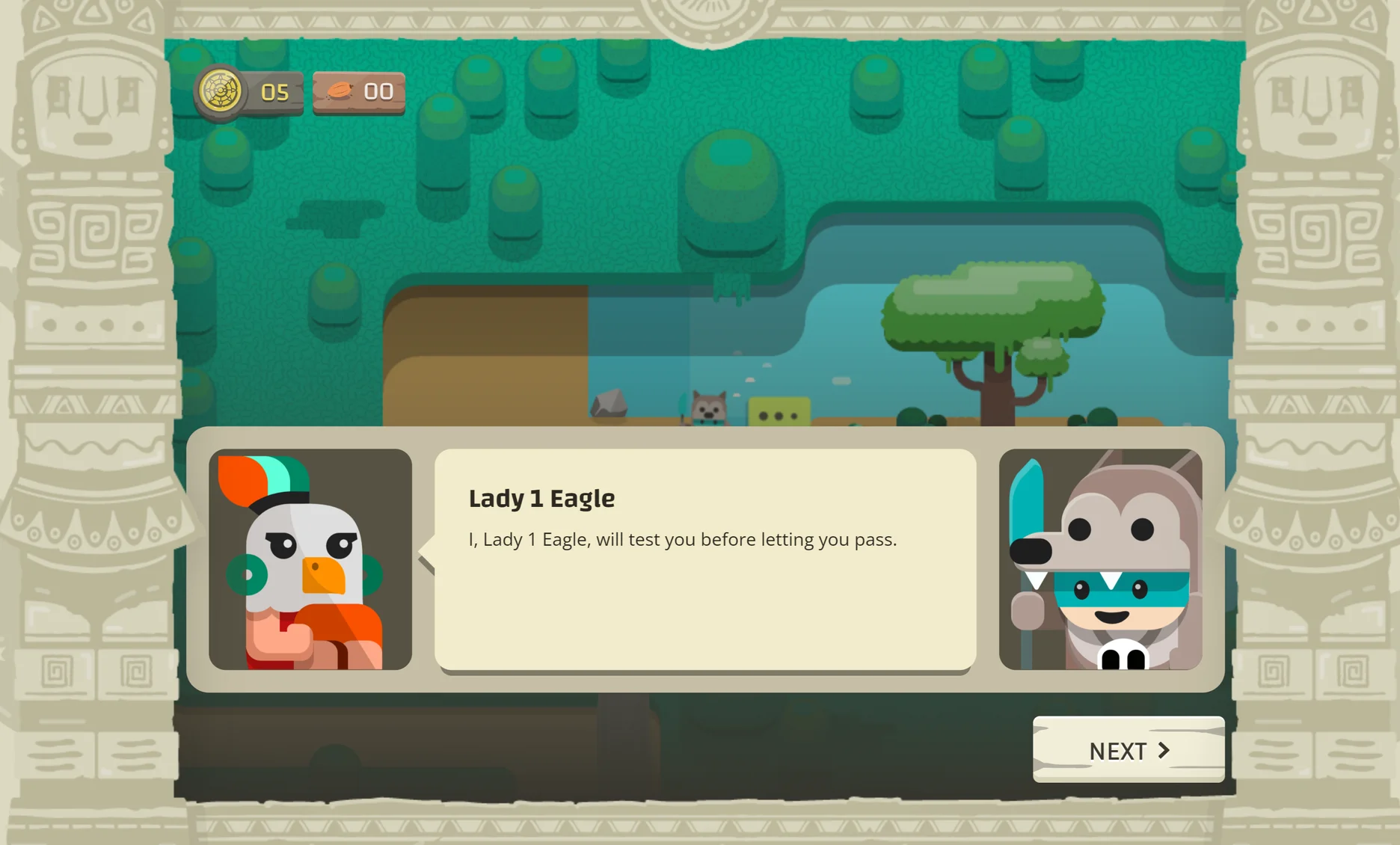 An image of the Descent of the Serpent game screen showing the animated player avatar in conversation with an animated avatar of goddess Lady 1 Eagle, who says she’ll test the player.