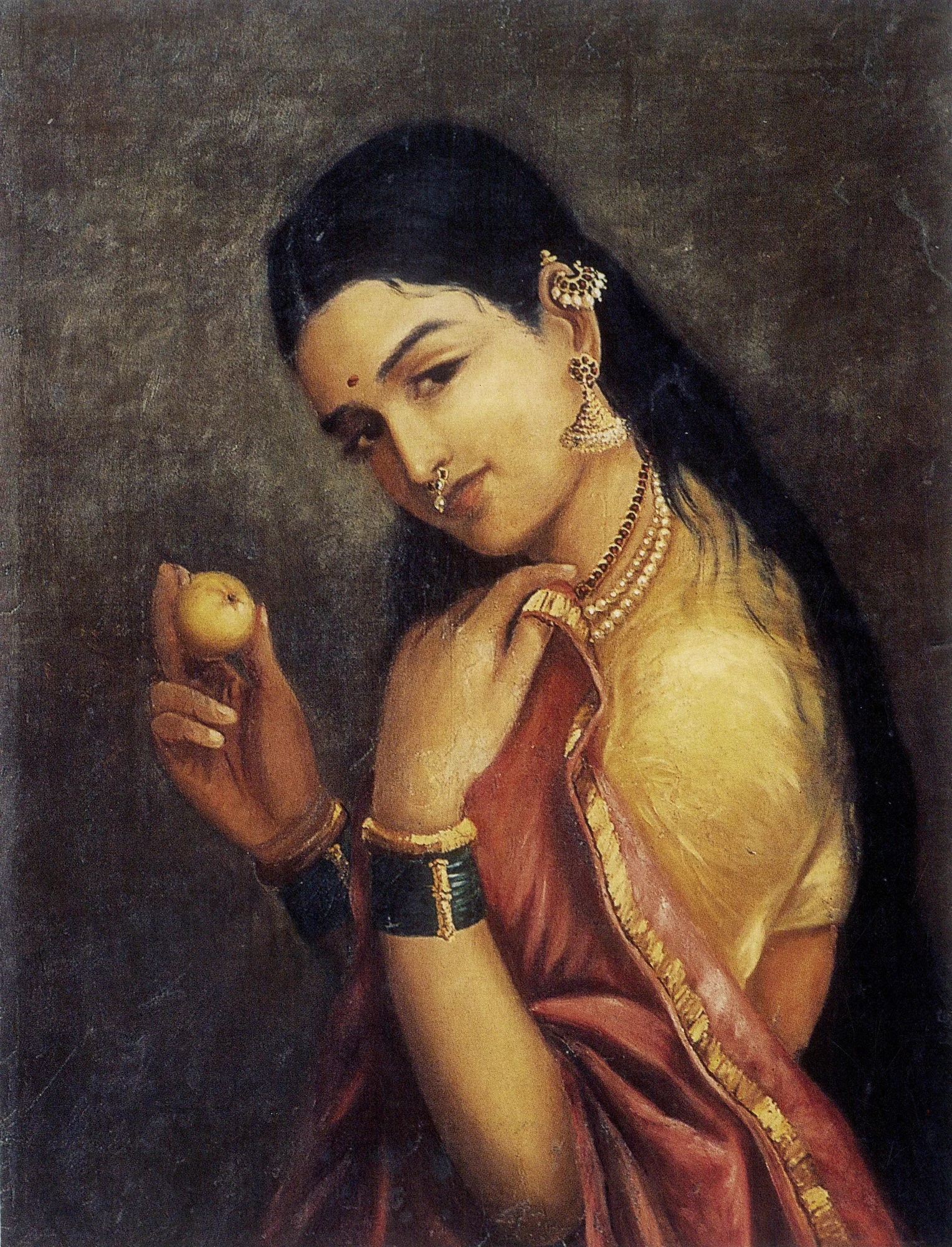 Painting of a person holding a small round fruit in one hand, dressed in traditional Indian clothing and jewelry, looking off to the side, against a grey background.