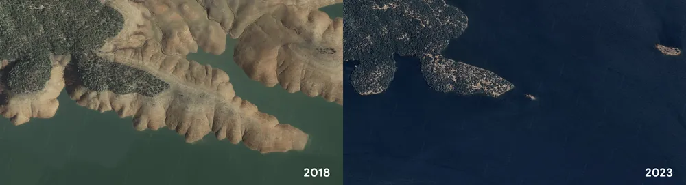 Pictured on the left is an image of Lake Oroville in 2018. You can see low water levels and land protruding from the lake. On the right is an image of the lake in 2023, with most areas covered by water.