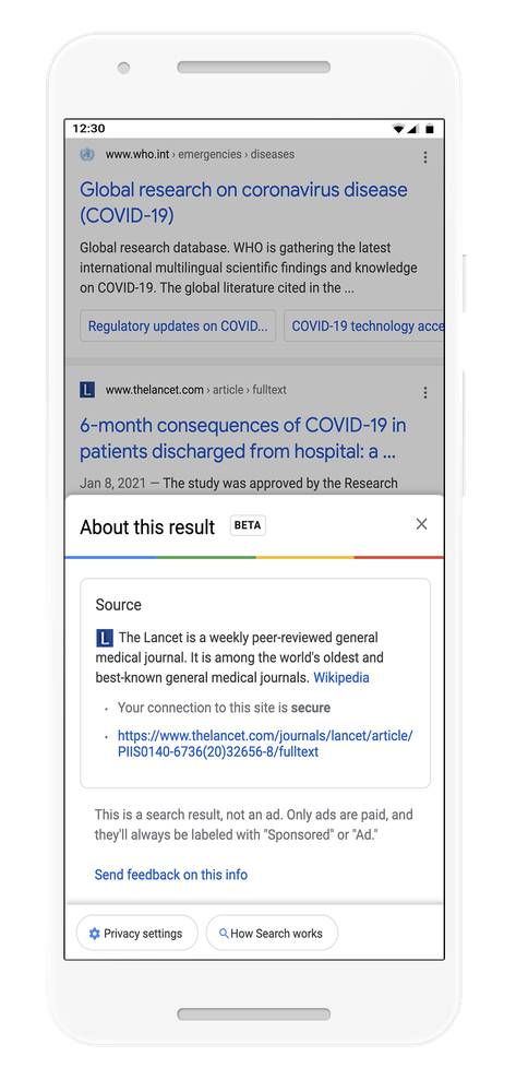 panneau contextuel sur Google à propos de The Lancet