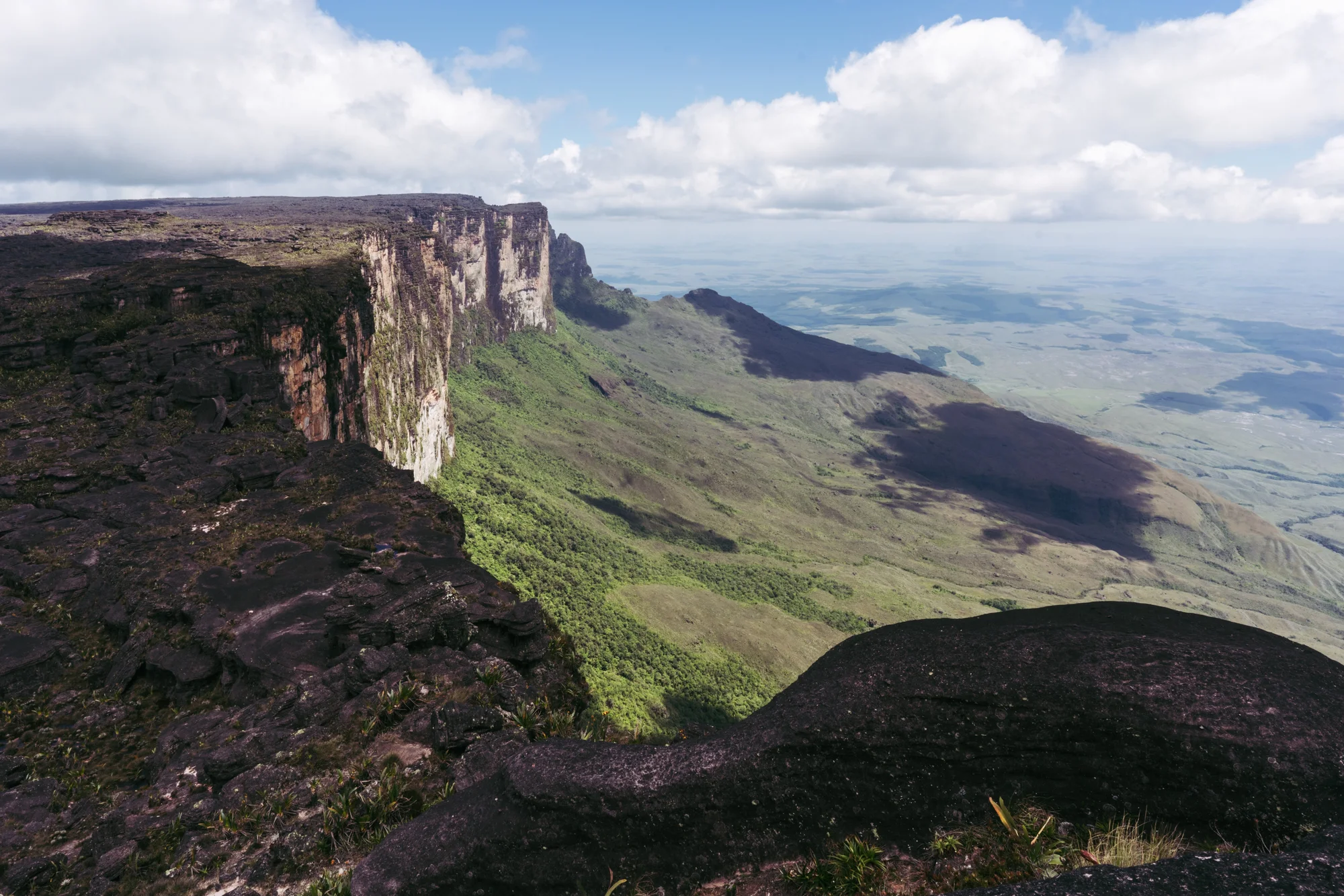 Landscape of Roraima, with a flat trail, green plains, and blue skies.