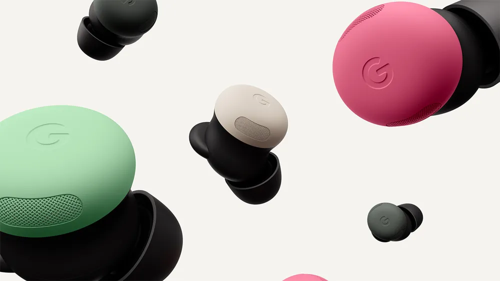 Pixel Buds Pro 2, weergegeven in verschillende kleuren.