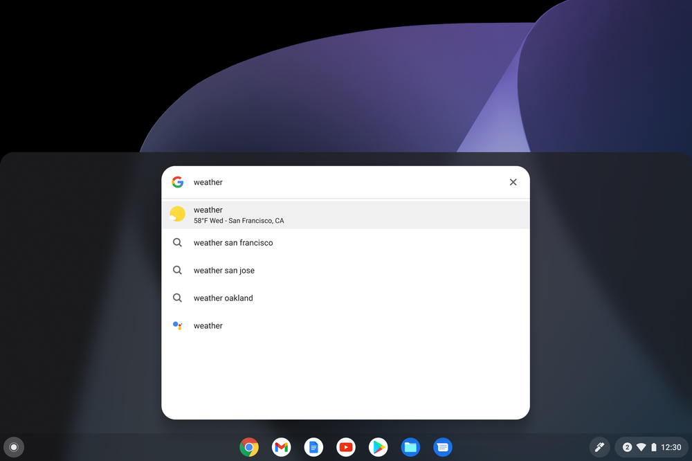 “Weather” is typed into Chromebook’s Launcher search bar. Local weather results show up directly below.