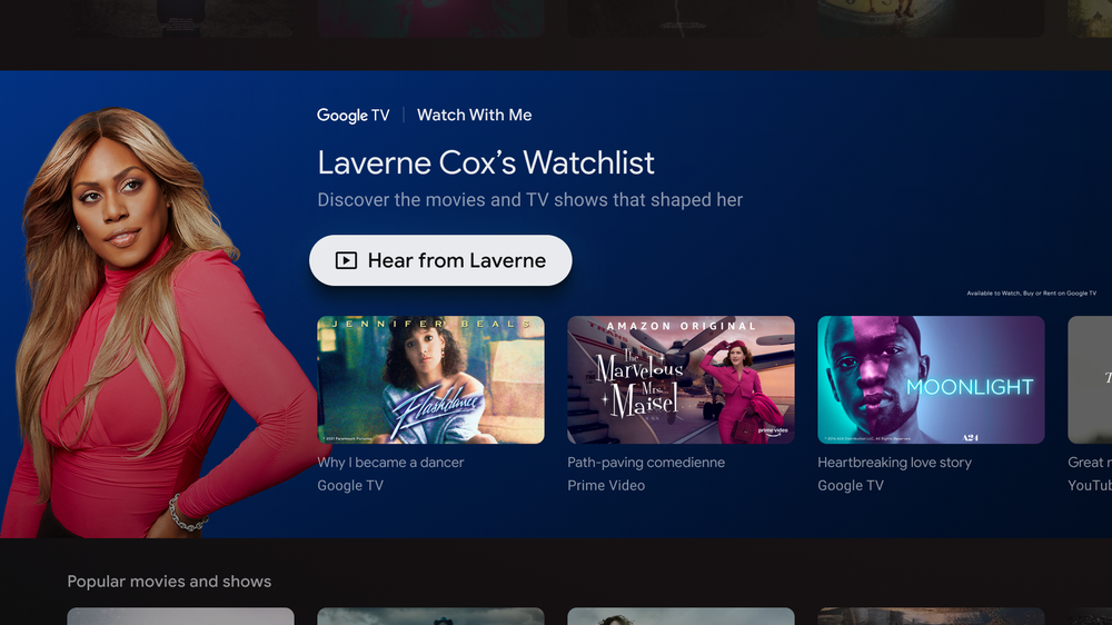 Google TV showing Watch With Me page with Laverne Cox’s watchlist.