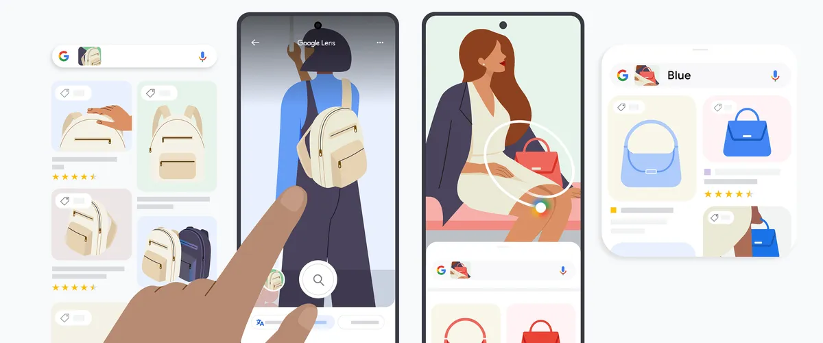 A collage showing how to use the Google Lens app to visually search for a backpack and a purse.