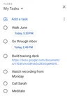 The Tasks sidebar with tasks like “Walk June," “Meditate” and “Build training deck" with the doc linked.