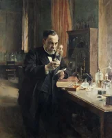 Painting of a man inspecting a glass bottle while leaning on a table stacked with scientific instruments