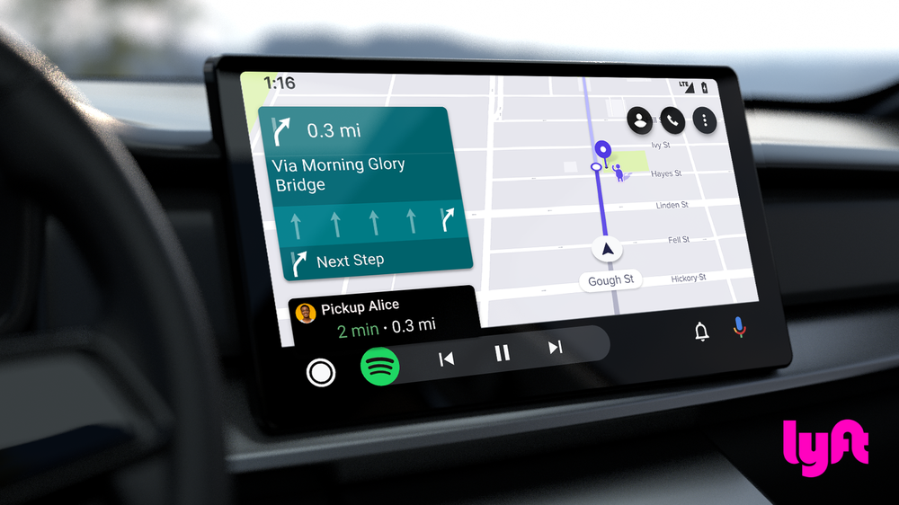 Image of car dash with Lyft app driver interface shown on car display.