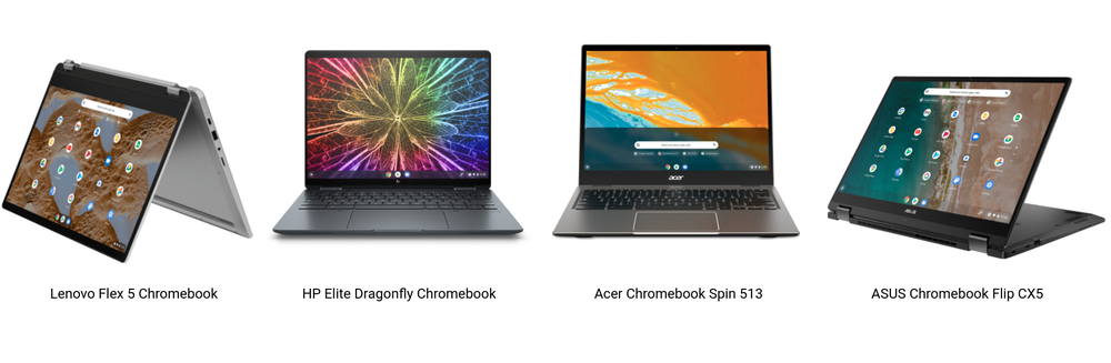 Quatre Chromebooks sont affichés dans une rangée sur un fond blanc.  Ils sont étiquetés, de gauche à droite : Lenovo Flex 5 Chromebook, HP Elite Dragonfly Chromebook, Acer Chromebook Spin 513, ASUS Chromebook Flip CX5