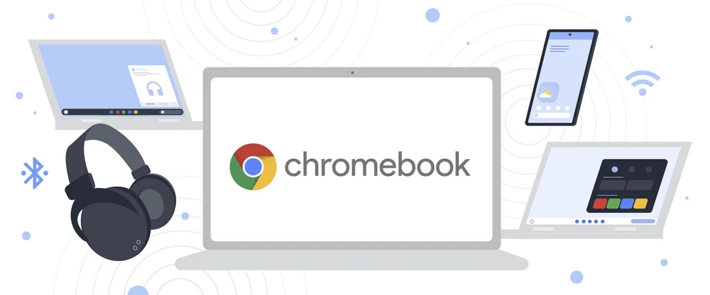 Three illustrated Chromebooks float on the screen. On the left there's a Chromebook with a Fast Pair notification and headphones floating in the foreground. On the right there's an Android phone, and a Chromebook with Phone Hub opened.