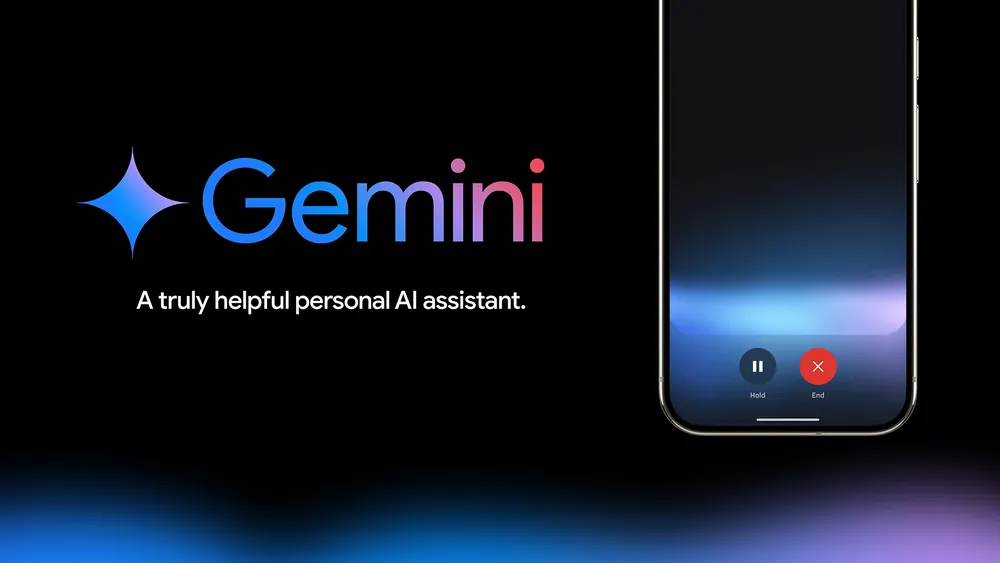 Gemini logo with text “A truly helpful personal AI assistant,” next to a smartphone with Gemini Live displayed on the screen.