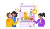 Animation of an angry looking cat wearing fairy wings and sitting in a castle. The cat appears to be on a big screen that three people are looking at and interacting with. A girl with a black ponytail taps a heart icon on the screen. A boy and a woman on