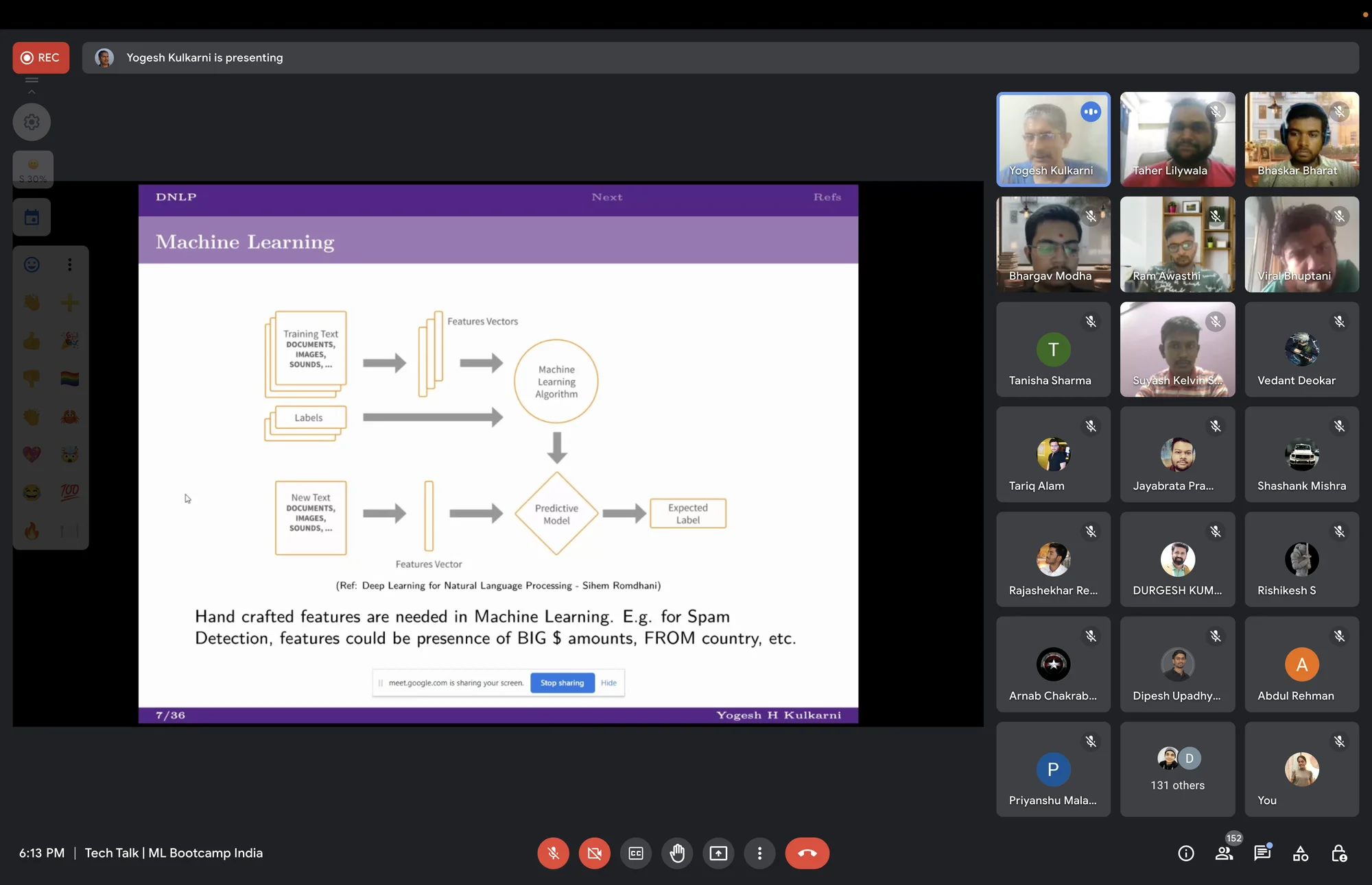 Google Meet screenshot of ML Bootcamp India Tech Talk in July 2022