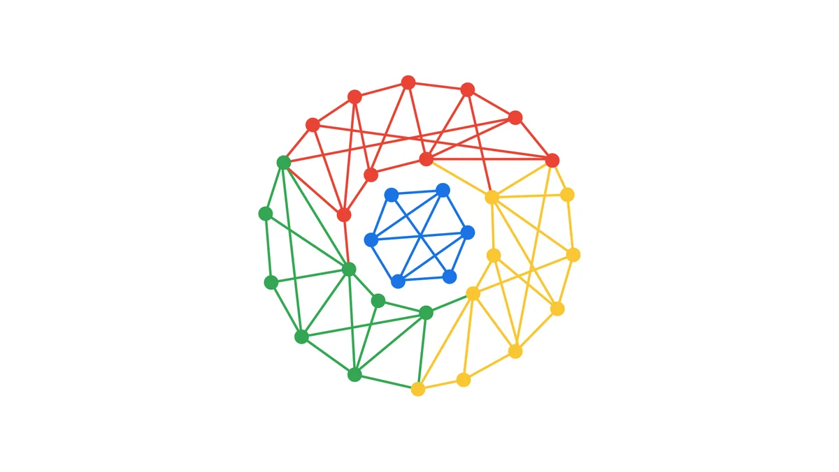 A mashup image in red, blue, yellow and green of the Chrome logo made of dots with connecting lines