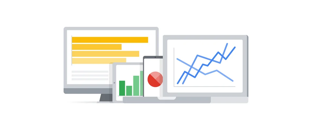 Four different digital screens displaying different types of charts