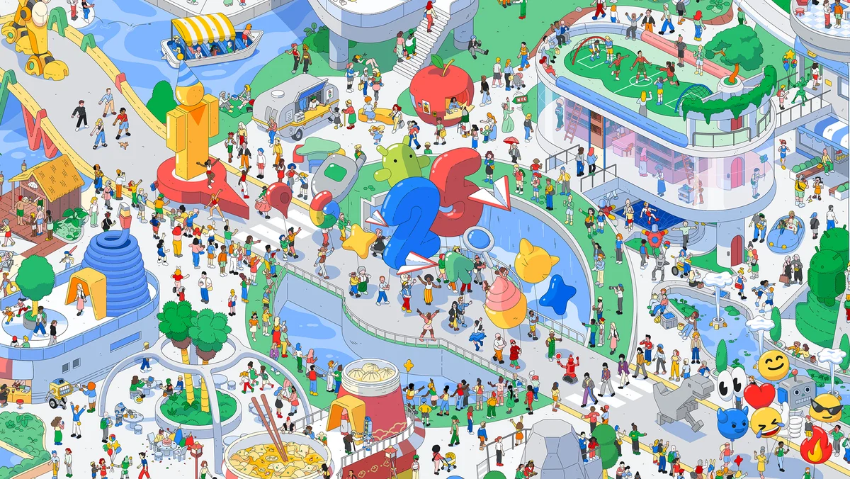 An illustrated image of a busy city scene. The city is full of people, characters and icons — including the Android icon, various emoji icons, a Google Maps icon, and two large numbers — “25.”