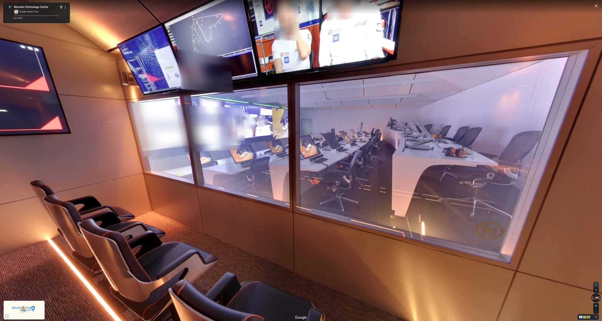 Street View imagery shows the inside of Mission Control at the McLaren Technology Center