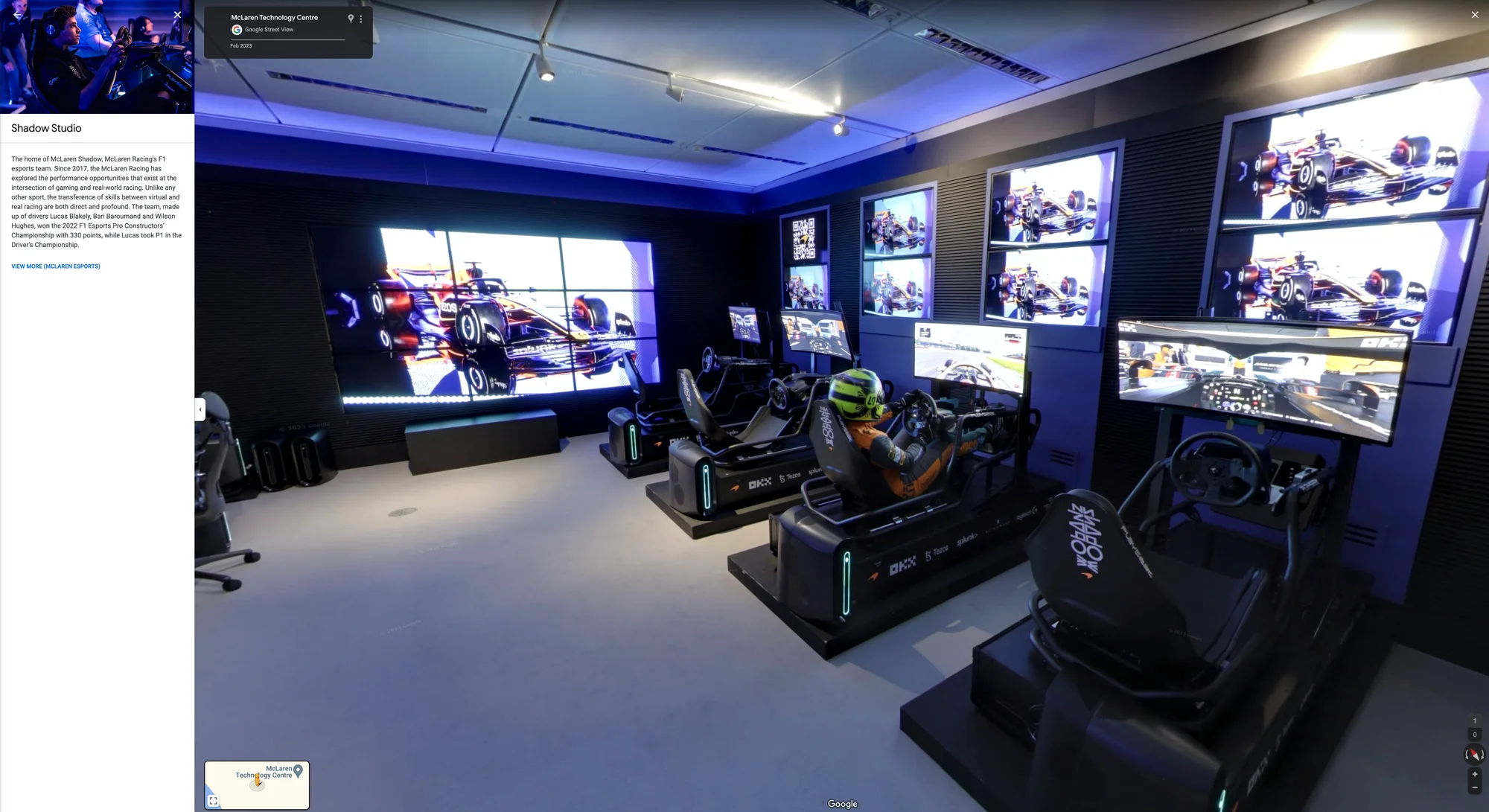 Street View imagery shows the inside of the McLaren Shadow Studio at the McLaren Technology Center