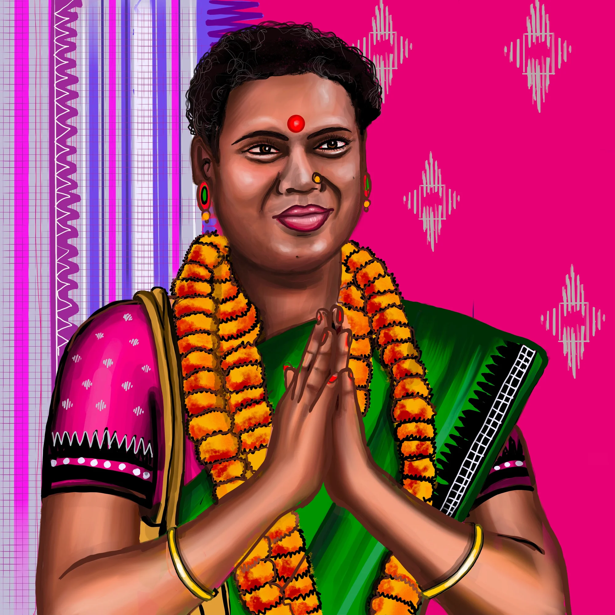 Illustration of a person wearing traditional pink and green Indian clothing, colorful earrings, red painted nails,  palms pressed together in prayer position, against a pink, purple, magenta patterned background.