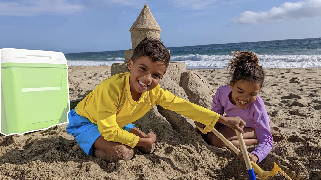 The same image of the children, but the umbrella and chair are removed from the background and the bright green cooler is selected using Magic Eraser.