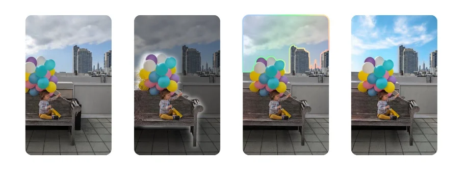 Cztery prawie identyczne zdjęcia małego chłopca siedzącego na ławce na dachu z widokiem na miasto i trzymającego pęk balonów. Każde zdjęcie ma inną obróbkę, zastosowaną za pomocą narzędzia Magic Edit w Zdjęciach Google.