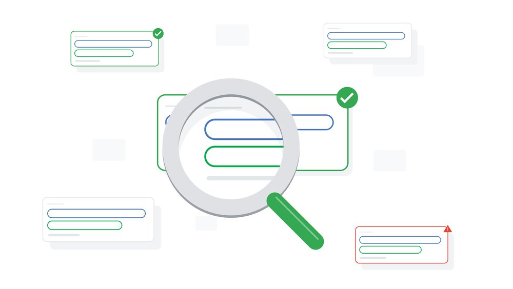 Illustration of a magnifying glass in front of windows with green check marks on them, indicating fact checking.