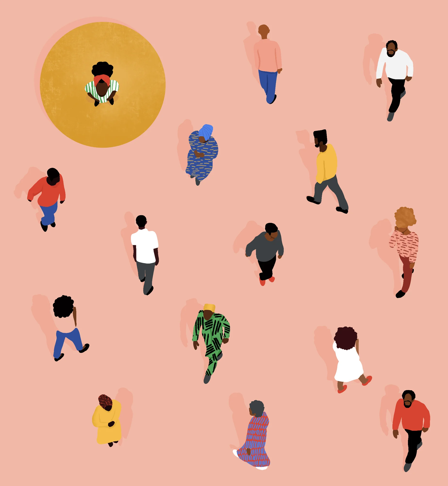 An illustration of many people walking on a pink background, with one person standing on a yellow circle