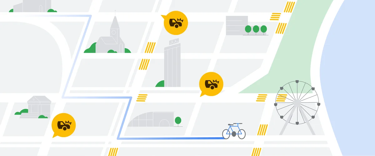 An illustration of a map showing alerts for car crashes and details of streets, like crosswalks.