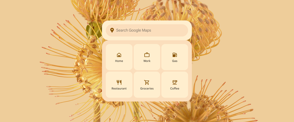 Orange Android wallpaper showing a close-up of a flower. The Google Maps widget is in the foreground and shows the search bar and a number of quick actions like Home, Coffee or Gas.